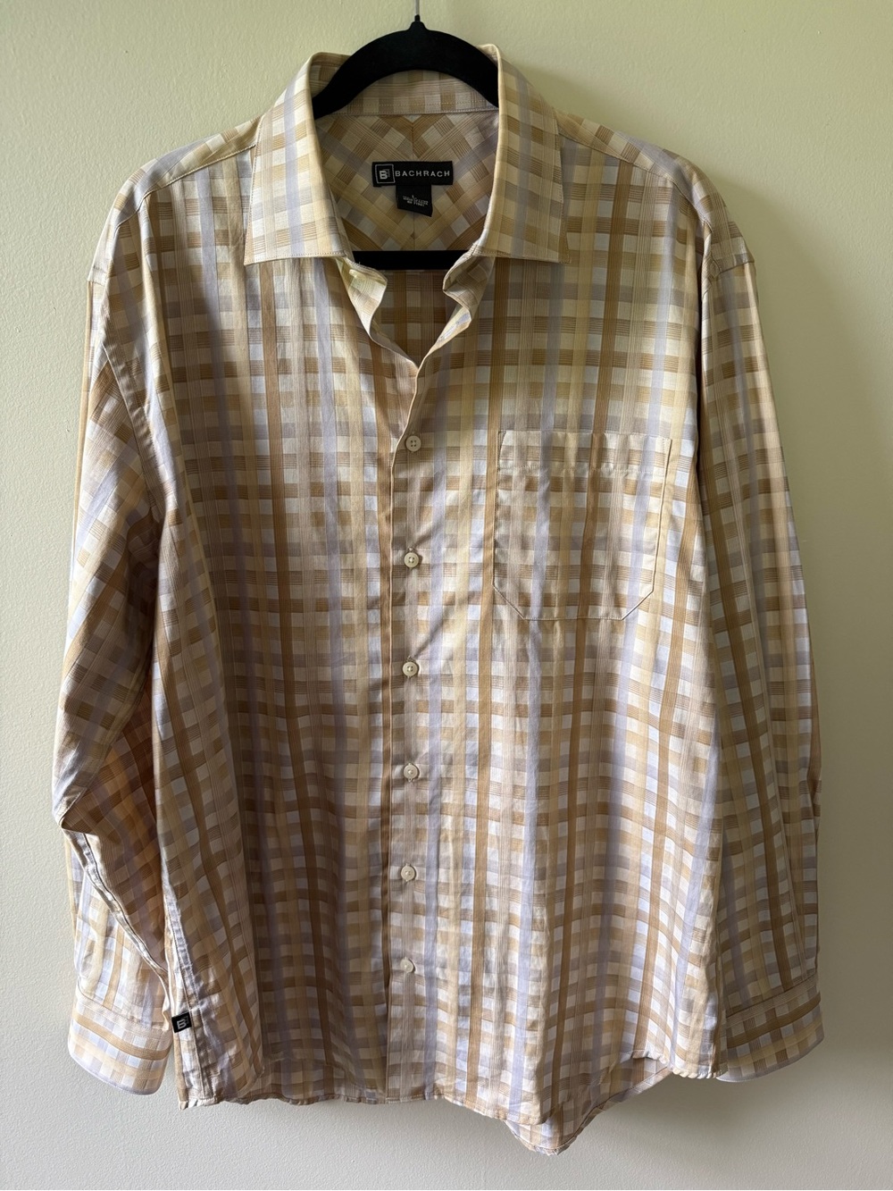 Bachrach Men's Size L Long Sleeve Button Down Shirt Tan Khaki Blue Gray Plaid